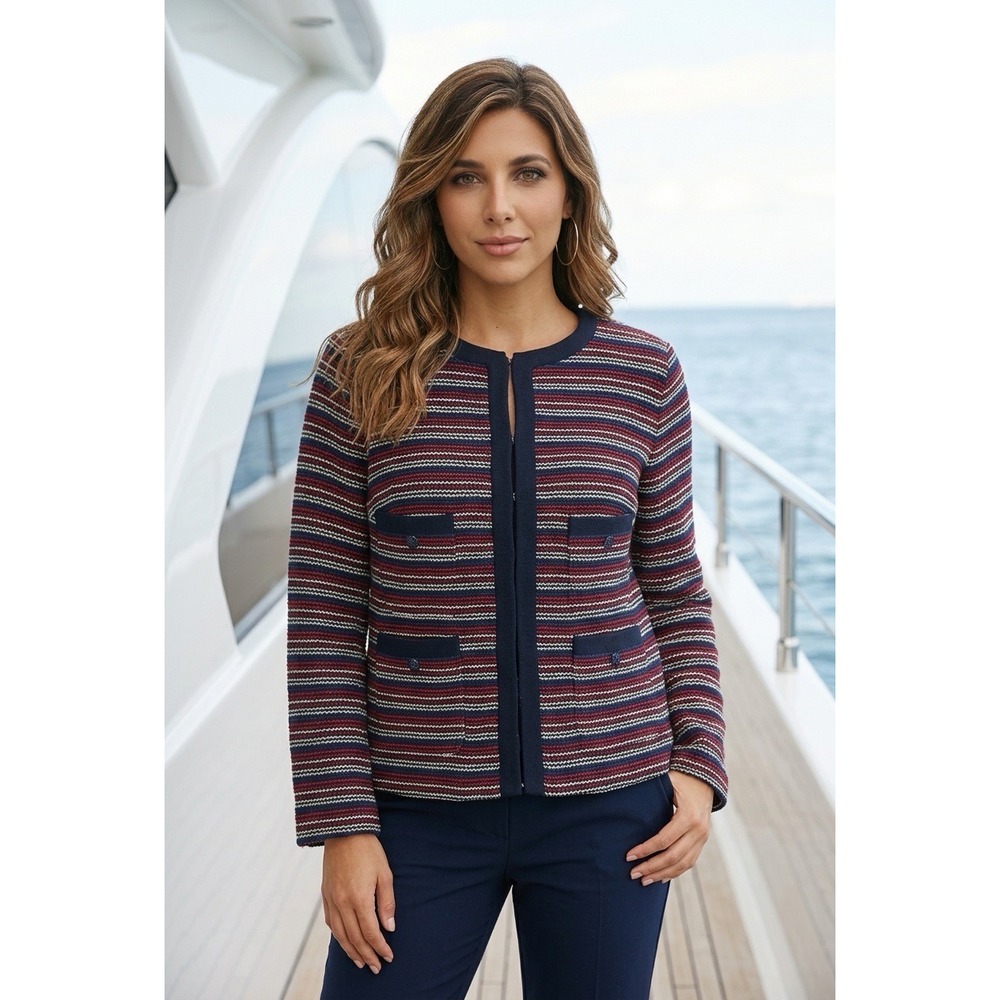 Talbots Plus Petite Striped Knit Jacket Navy Red White Nautical Blazer 1XP
